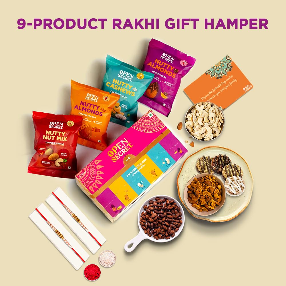 Open Secret Rakhi Set for Brother | Combo of 9 | Rakhi Gift for Brother & Bhabhi, Gift Hamper, Rakshabandhan Gifts for Sister, Dry Fruits, Assorted Cookies with Rakhis, Card & Roli Chawal Tilak Set